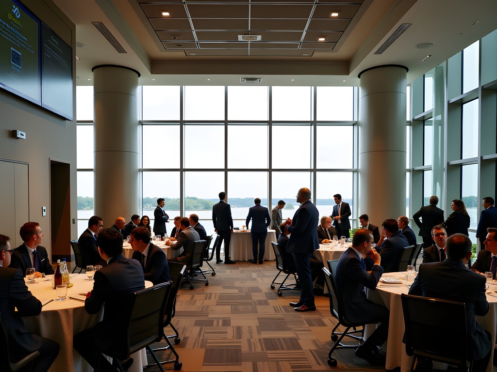 Business professionals networking in Cleveland's Huntington Convention Center with Lake Erie view