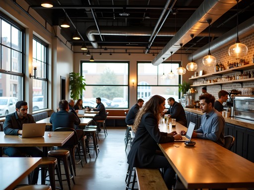 Business traveler working remotely at Rising Star Coffee in Cleveland