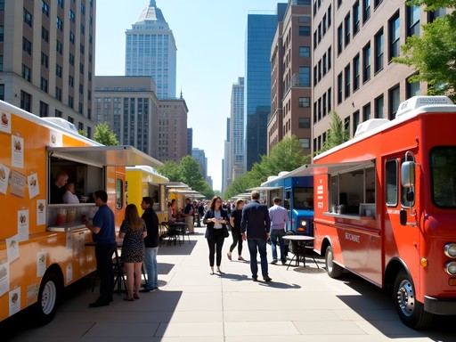Business professionals enjoying lunch at Cleveland's Walnut Wednesday food truck gathering