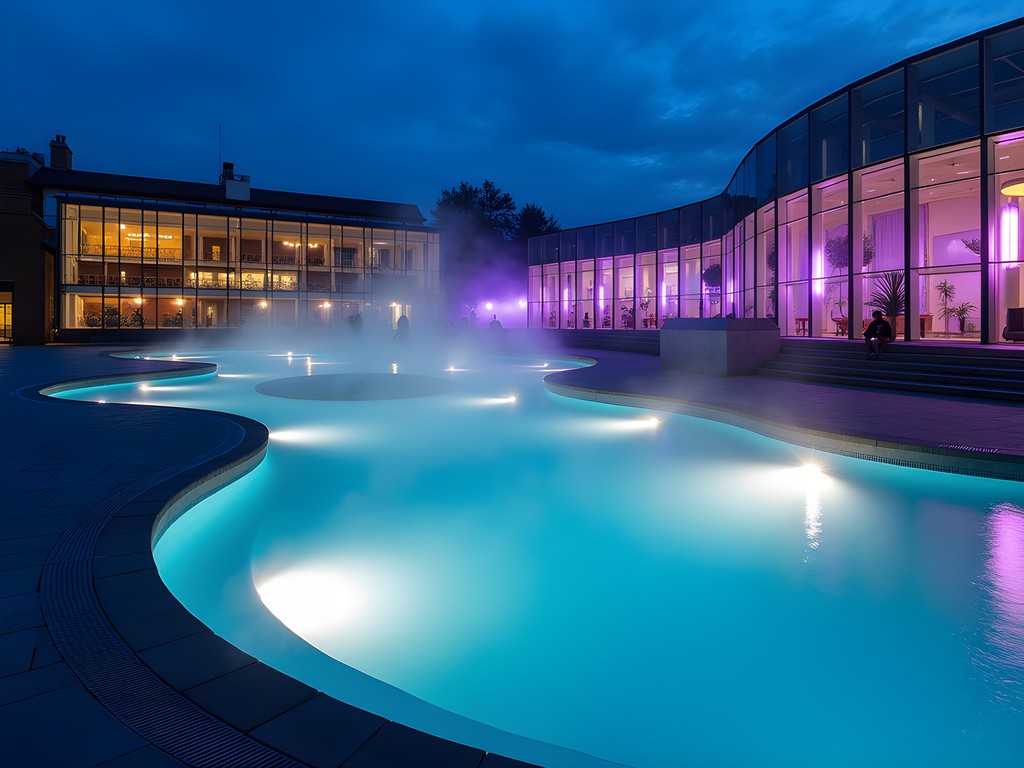 Illuminated thermal bath complex in Debrecen with steam rising from pools