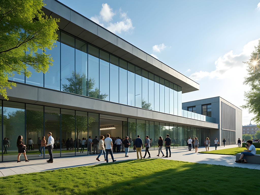 Modern glass facade of the Debrecen Innovation Center with people networking outside