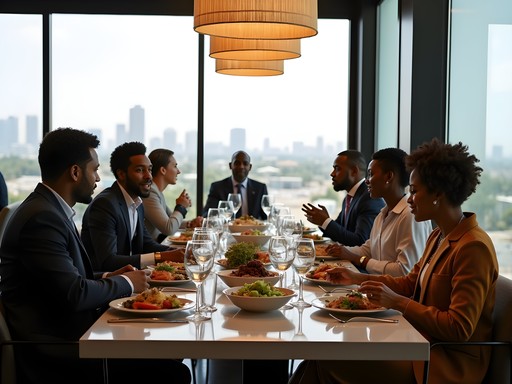 Business lunch meeting in Djibouti City restaurant with local and international professionals