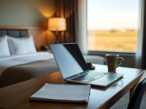 Modern hotel room workspace setup in Enid Oklahoma with laptop and business materials