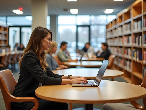 Quiet workspace area inside Enid Public Library with business professional working