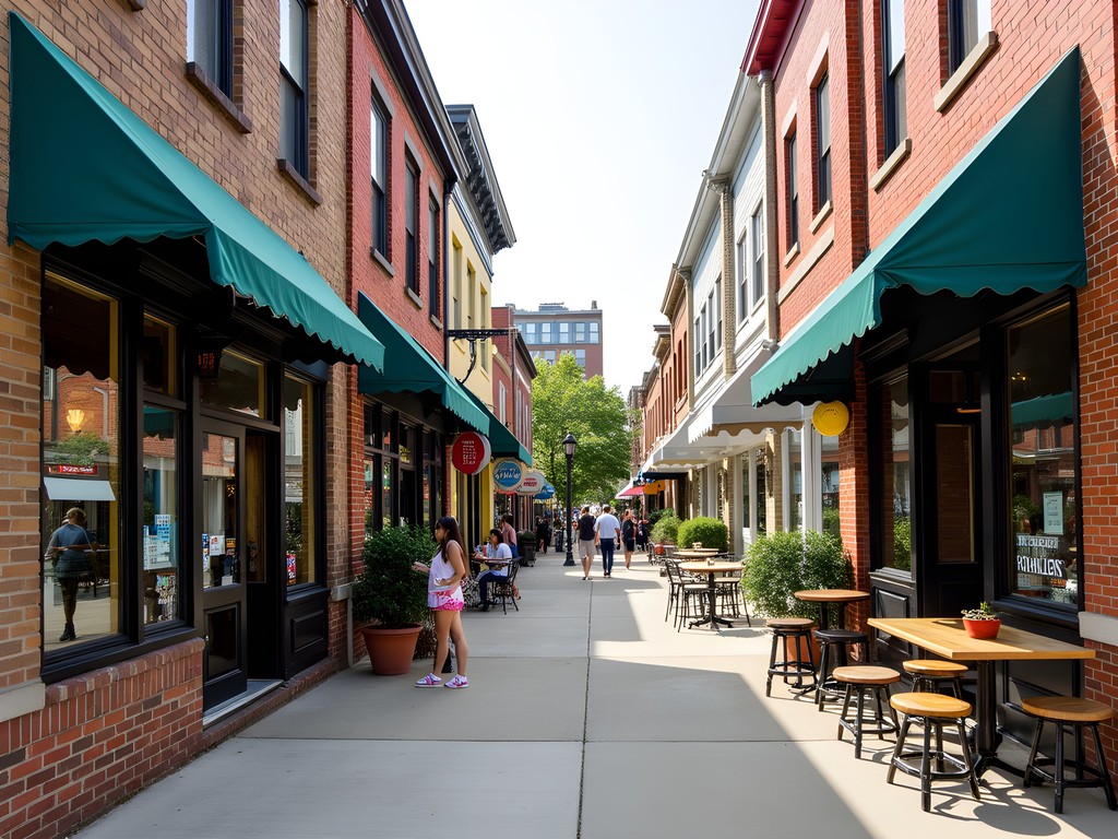 Colorful historic buildings in Evansville's Haynie's Corner Arts District with local shops and galleries
