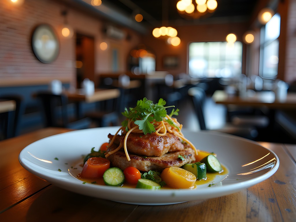 Colorful international cuisine plated at Walton's restaurant in Evansville with vintage service station interior