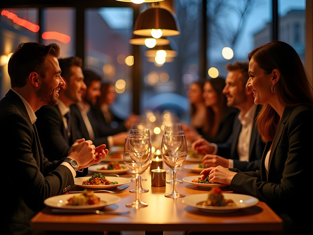 Business professionals networking over dinner in an upscale Fredericton restaurant
