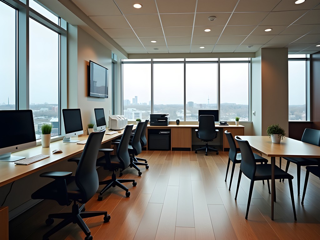 Modern business center in a Fredericton hotel with workstations and meeting space