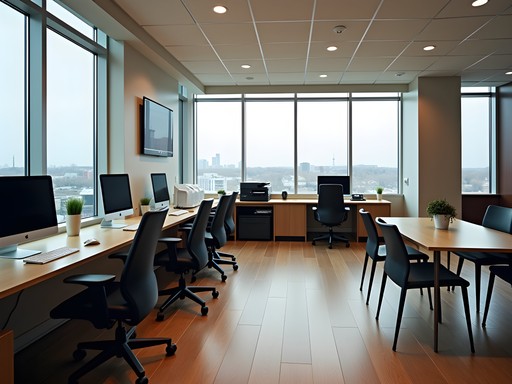 Modern business center in a Fredericton hotel with workstations and meeting space