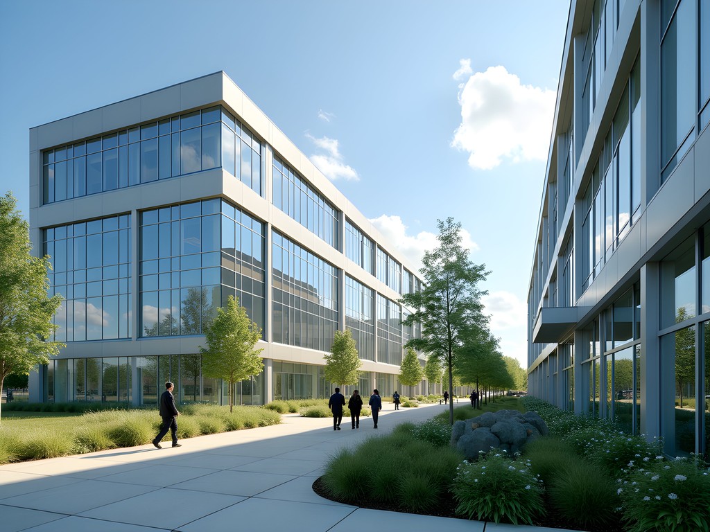Modern glass buildings at Knowledge Park technology campus in Fredericton