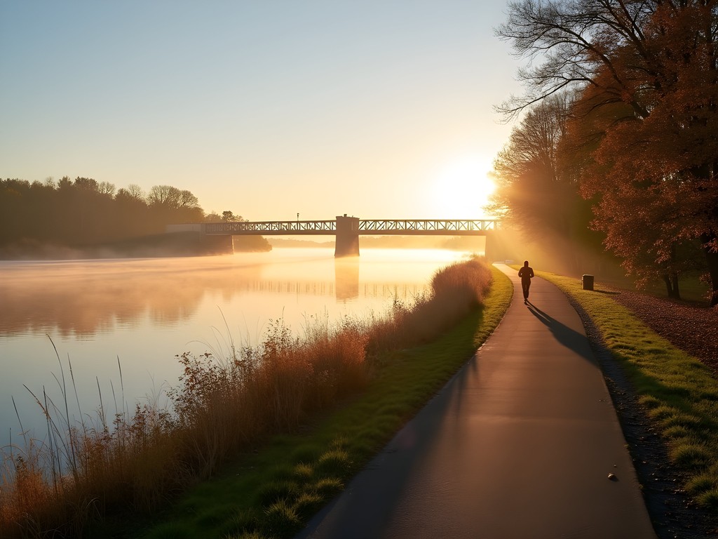 Early morning view of Fredericton's riverside walking trail with fog on the Saint John River