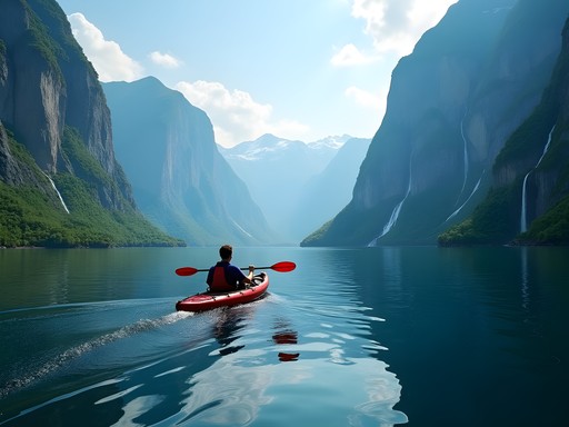 Kayaking on Geirangerfjord with towering cliffs and waterfalls in background