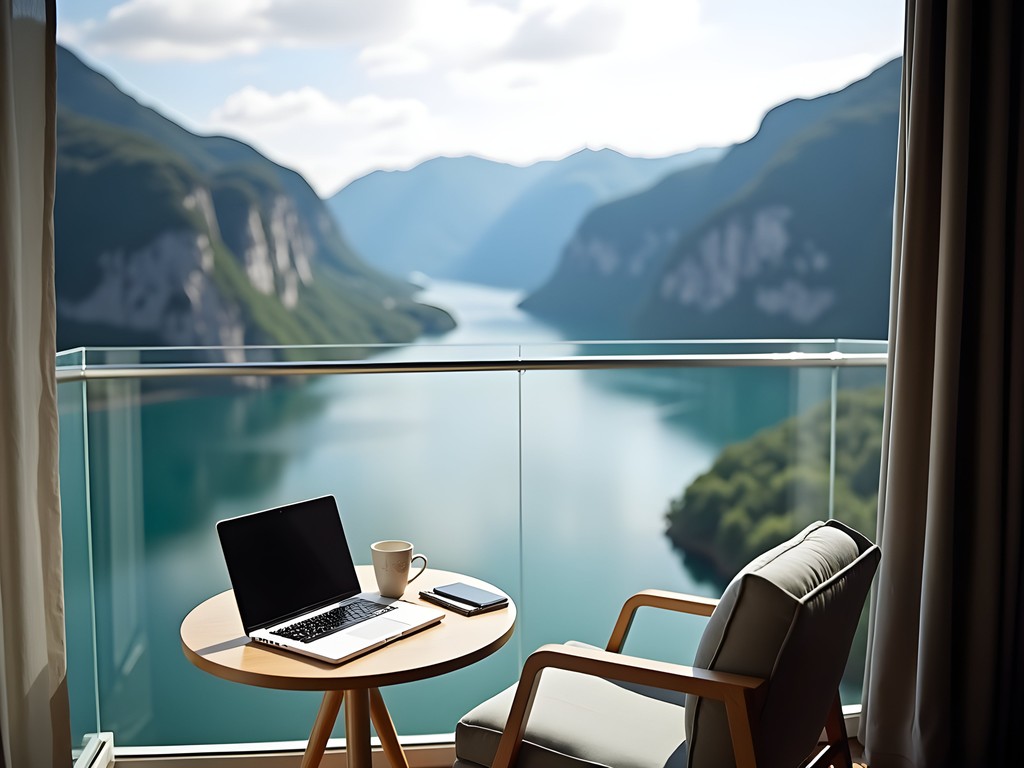 Laptop workspace setup on hotel balcony with panoramic Geirangerfjord view