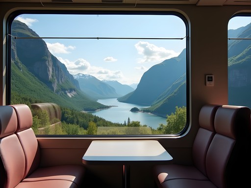 Scenic view from the Rauma Line train with mountains and valleys visible through panoramic windows