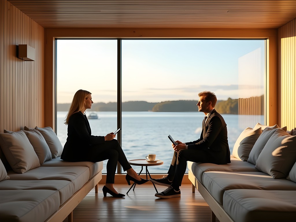 Post-sauna business discussion in Löyly's relaxation area with sea views