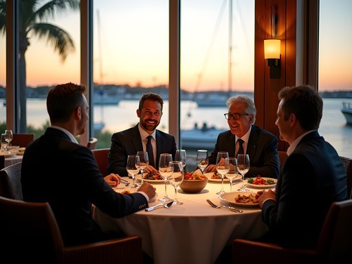 Executive business dinner meeting at upscale waterfront restaurant in Hilton Head