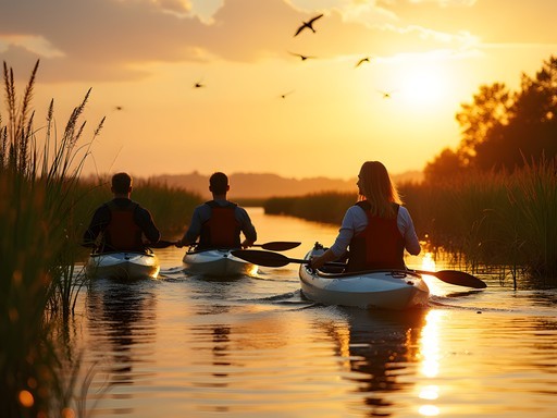 Business executives in kayaks exploring Hilton Head salt marshes during team building activity
