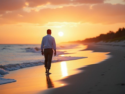 Business executive on early morning beach walk in Hilton Head with sunrise over Atlantic Ocean