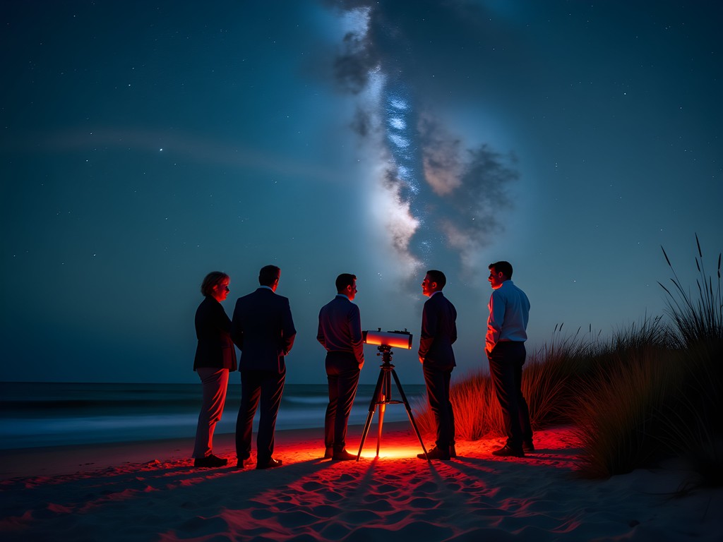 Business executives observing night sky with telescope on Hilton Head beach during corporate retreat
