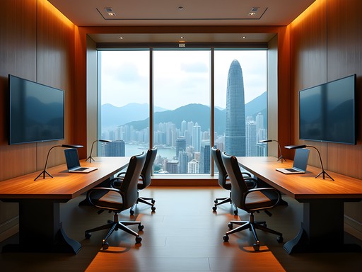 Sophisticated hotel business center with Hong Kong skyline view