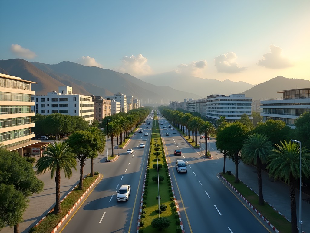 Traffic flow in Islamabad's Blue Area business district with Margalla Hills backdrop
