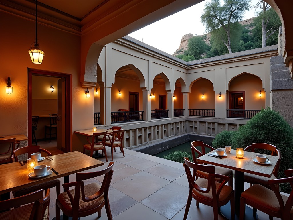 Digital nomad workspace at historic stepwell café in Jodhpur