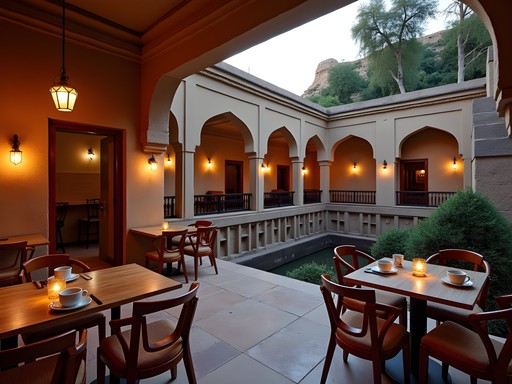 Digital nomad workspace at historic stepwell café in Jodhpur