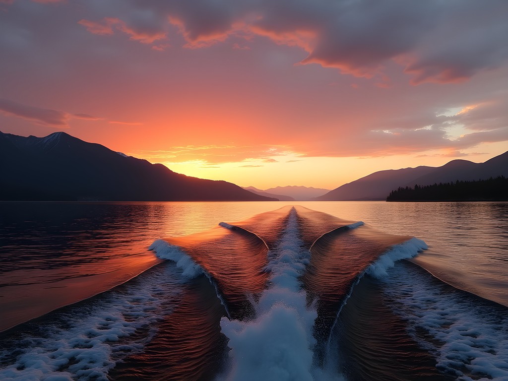 Sunset cruise on Flathead Lake near Kalispell with mountain silhouettes