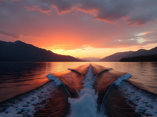 Sunset cruise on Flathead Lake near Kalispell with mountain silhouettes