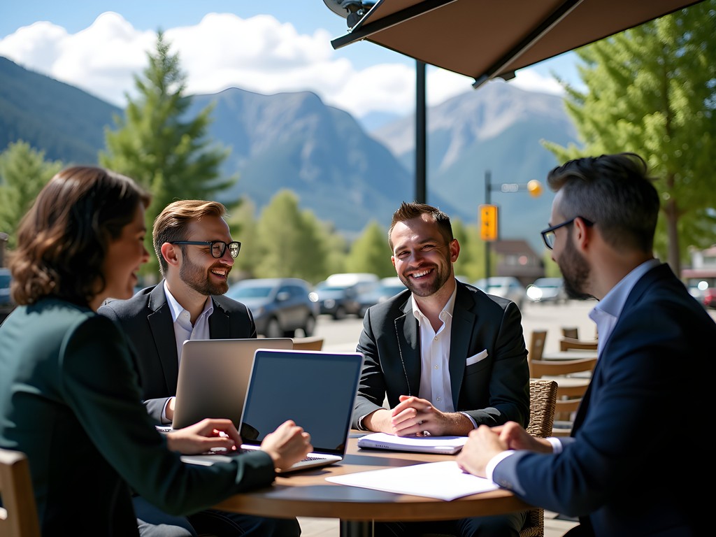 Business meeting at outdoor café in downtown Kalispell with mountain views