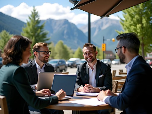 Business meeting at outdoor café in downtown Kalispell with mountain views