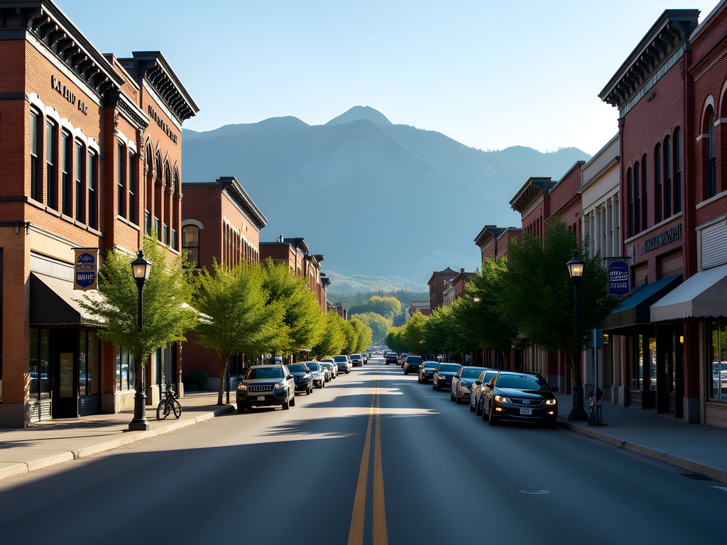 Historic downtown Kalispell business district with mountain backdrop