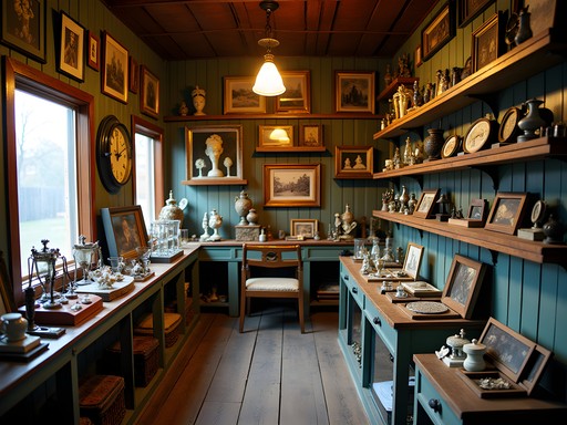 Interior of Vintage Vault thrift shop with colonial artifacts and jewelry