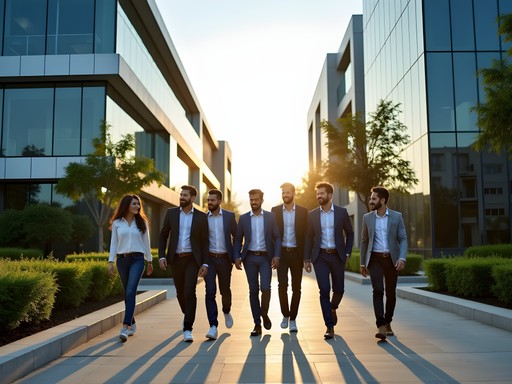 Business professionals outside modern tech park in Pune India