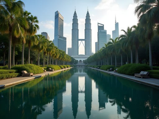 Tranquil KLCC Park with reflective pool and iconic Petronas Towers in background
