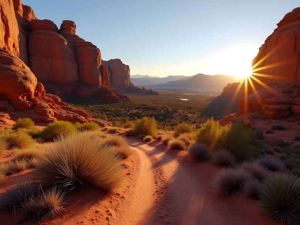 Sunrise hike at Red Rock Canyon with Las Vegas skyline visible in distance