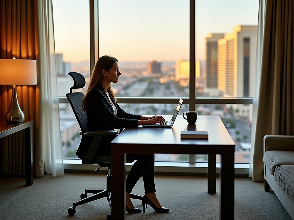 Luxury business suite workspace in Las Vegas hotel with city views