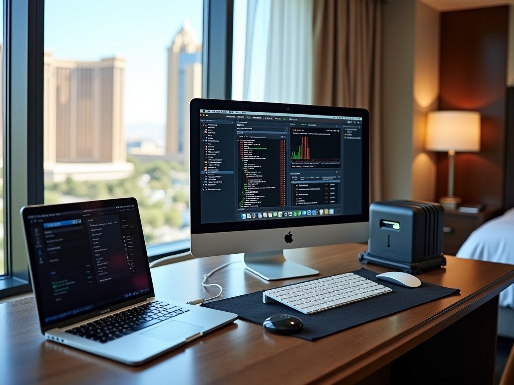 Modern technology setup for business travelers in Las Vegas hotel room