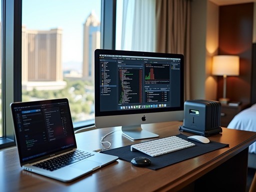 Modern technology setup for business travelers in Las Vegas hotel room