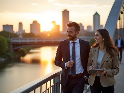 Business professionals having a walking meeting on Junction Bridge in Little Rock