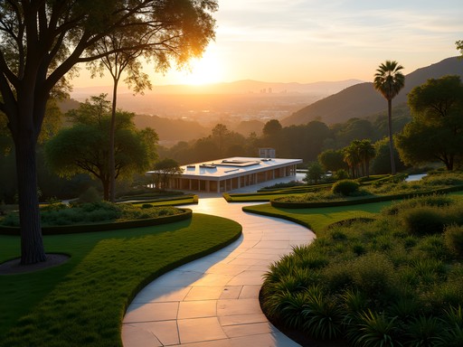 Business executive taking notes at the Getty Center gardens with LA skyline view