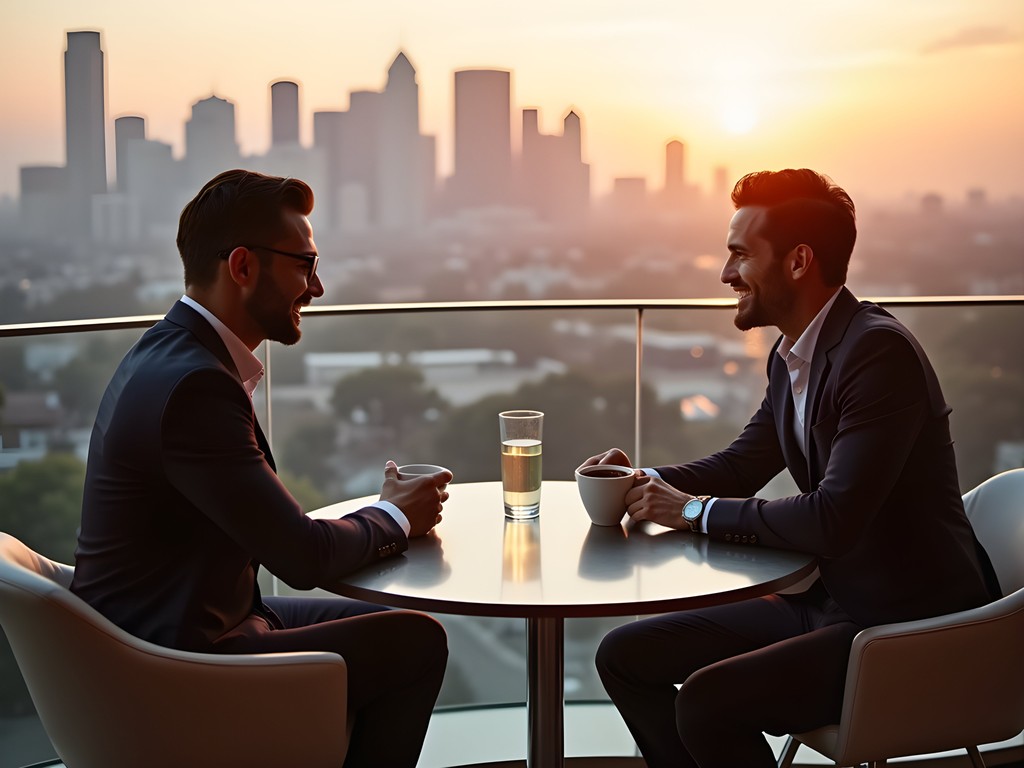 Business meeting on The NoMad Los Angeles rooftop with downtown skyline view