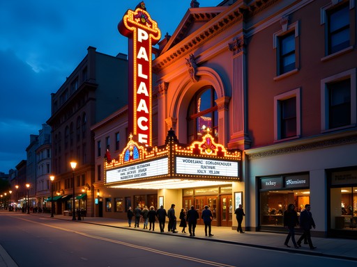 Illuminated historic Palace Theatre in downtown Manchester at night