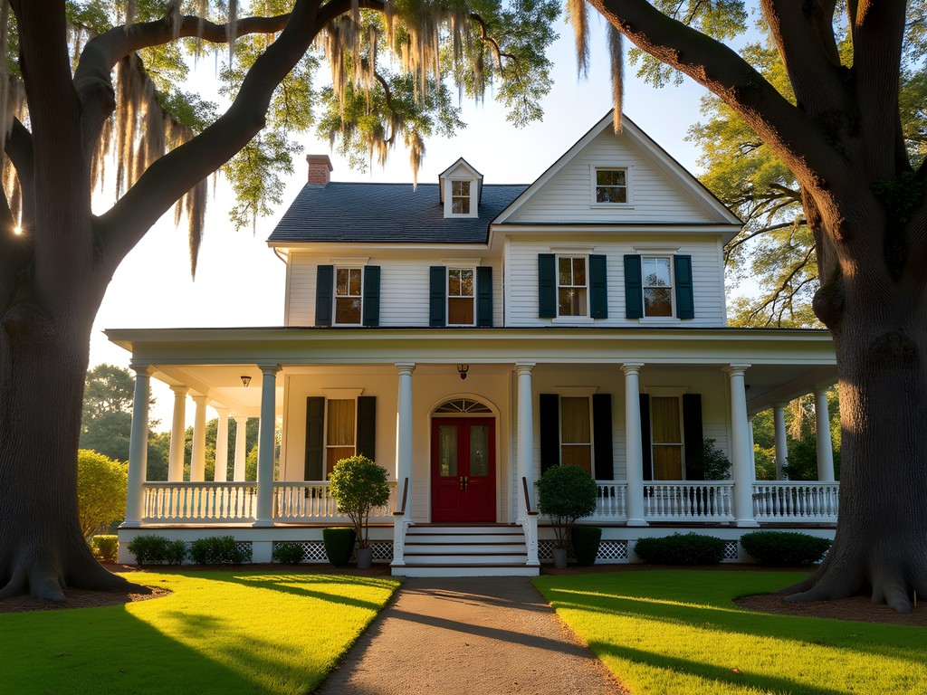 Historic home architecture in Monroe's Garden District with oak trees