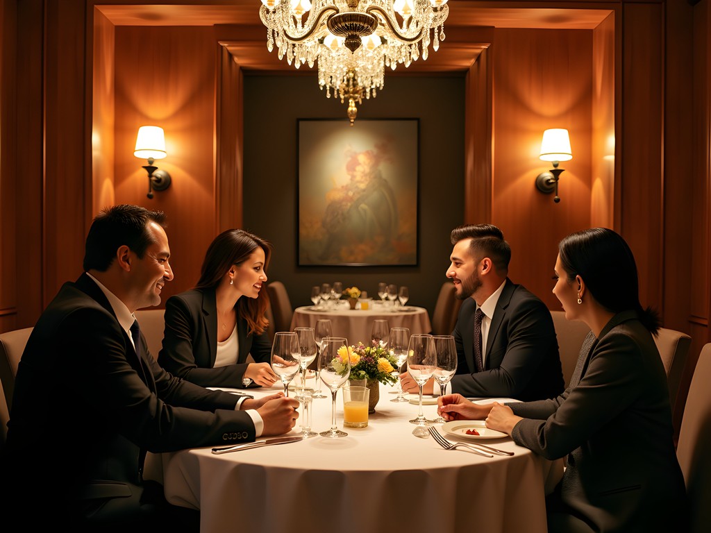 Elegant business dinner at upscale Monterrey restaurant with executives