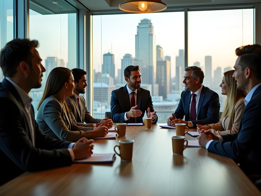 Business professionals in discussion in a modern Monterrey corporate setting