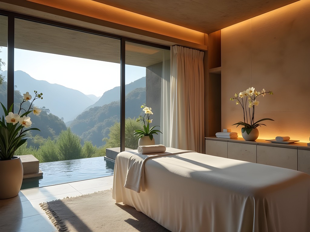 Elegant spa treatment room in Monterrey luxury hotel with mountain views
