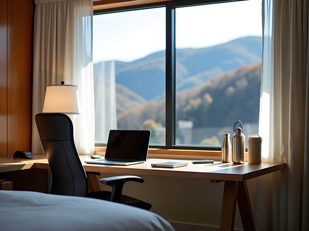 Sustainable business hotel workspace in Morgantown with mountain views