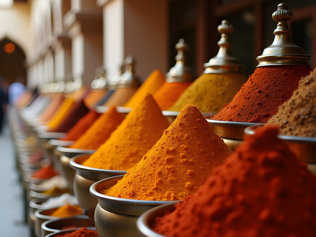 Colorful spice displays at Mutrah Souq traditional market in Muscat