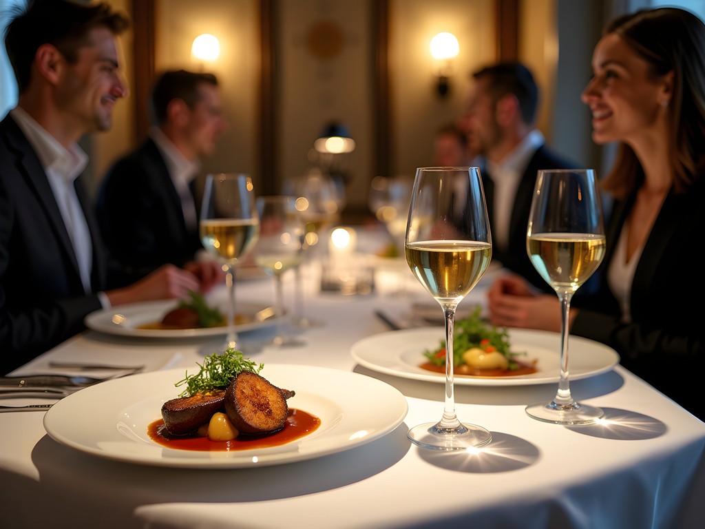 Elegant business dinner setting at upscale Manhattan restaurant